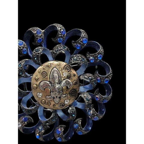 Fleur De Lis Swirl Brooch Royal Blue Gun Metal Gray Rhinestone Sparkle - Picture 5 of 15
